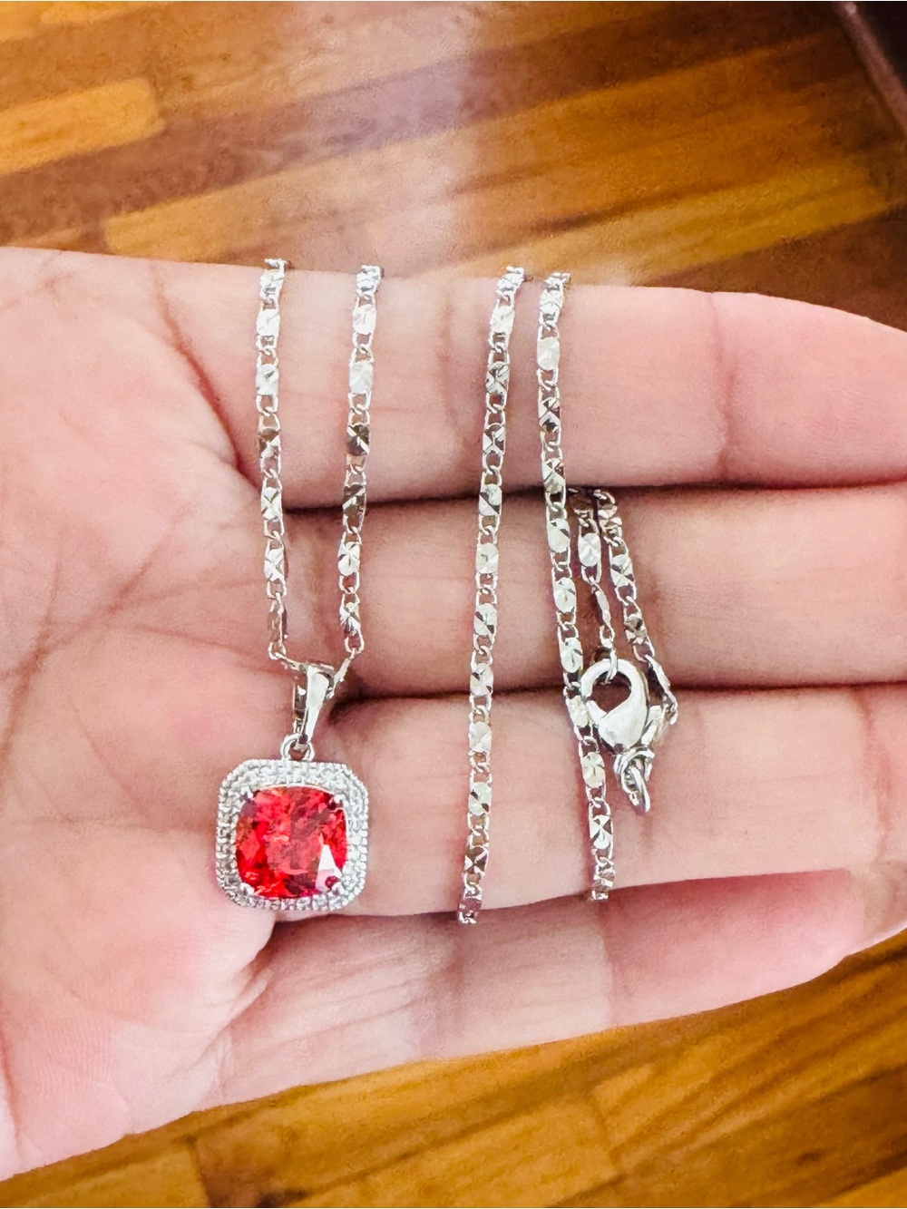 Elegant Silver Plated Red Cushion Pendant Necklace.